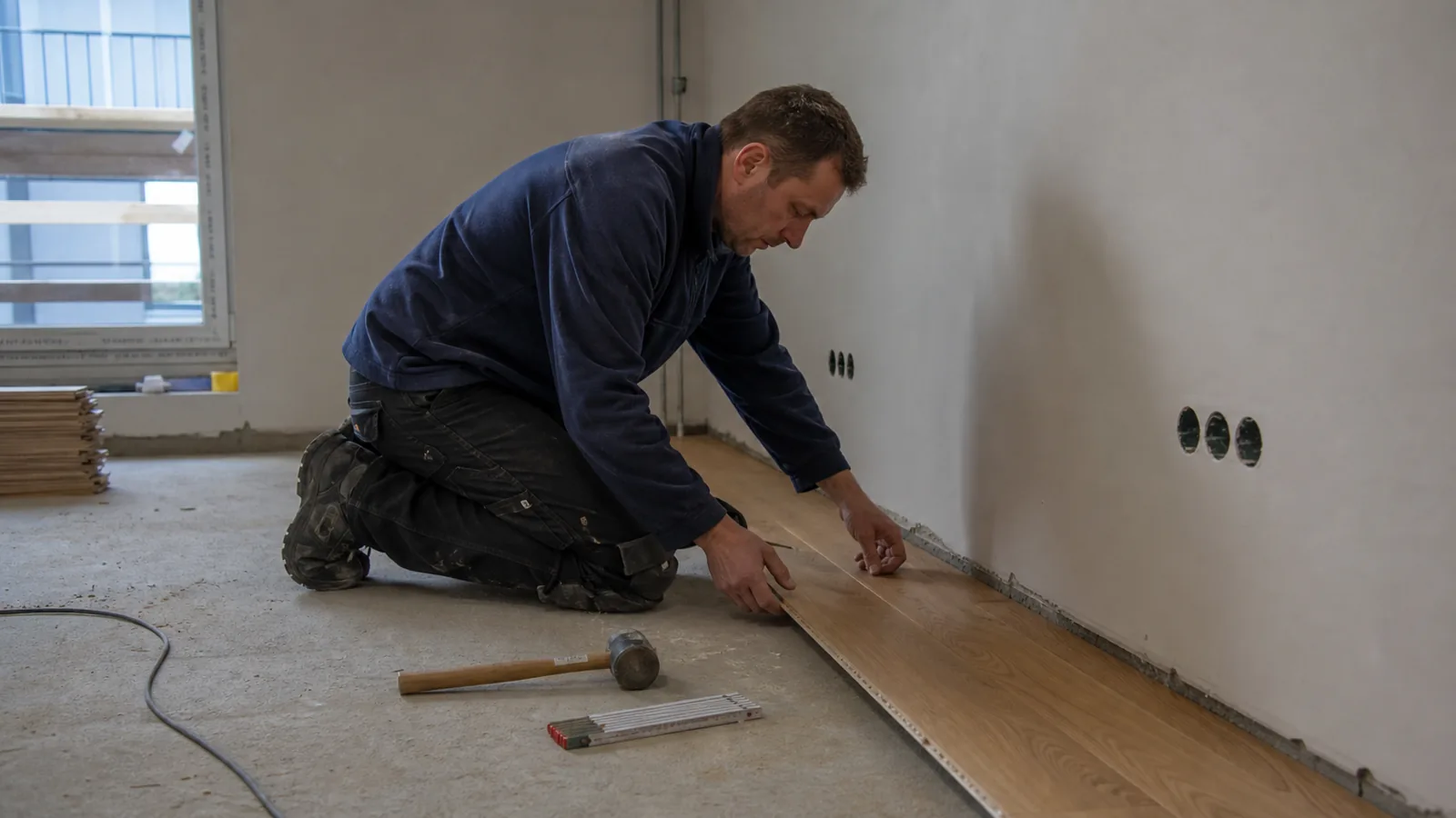 Handwerker beim Verlegen der ersten Parkettreihe in einem leeren Raum