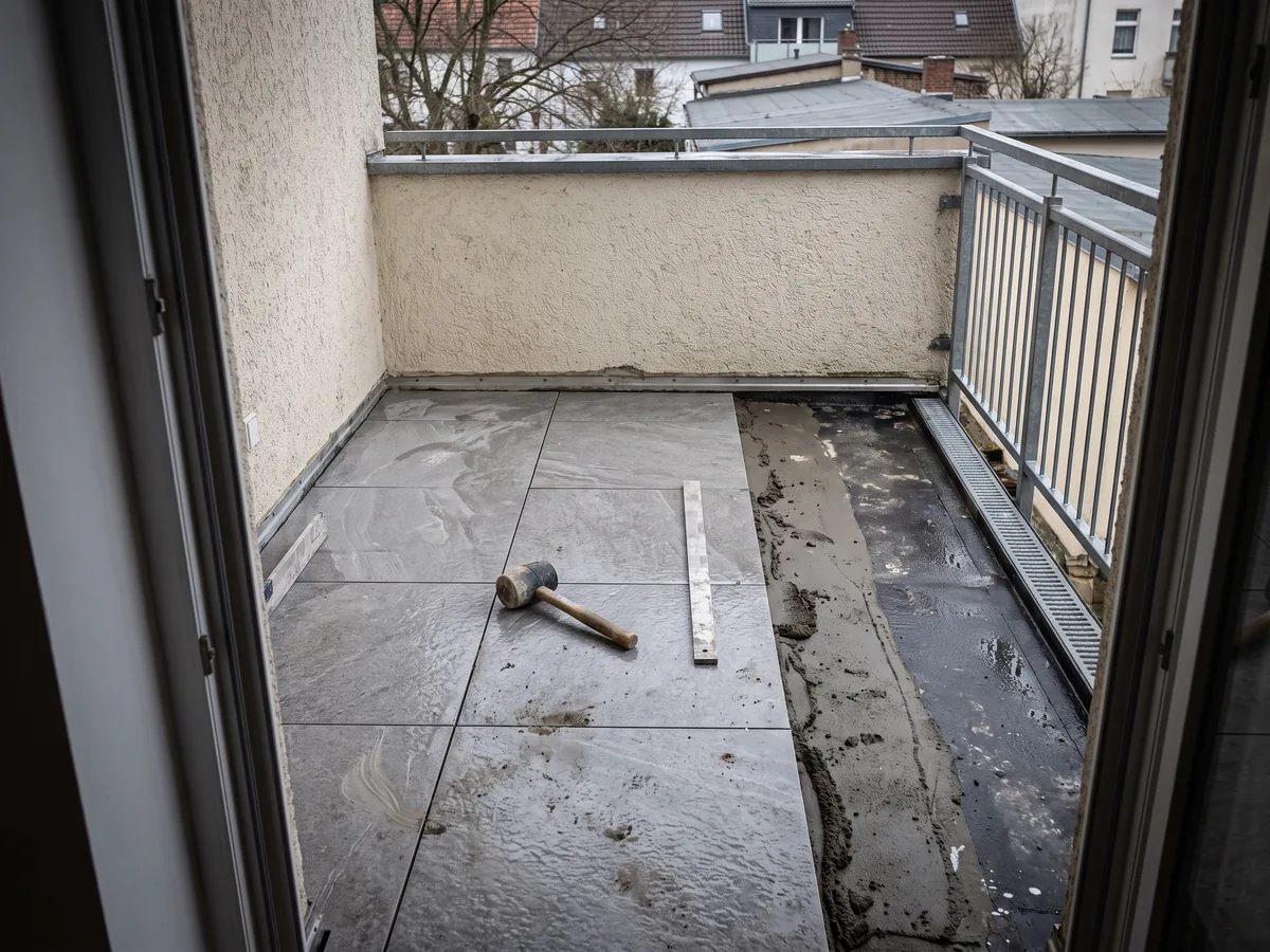 Balkon während der Neubelegung: verlegte Platten auf Drainmörtel, daneben der offene Aufbau mit Gefälle und Entwässerungsrinne