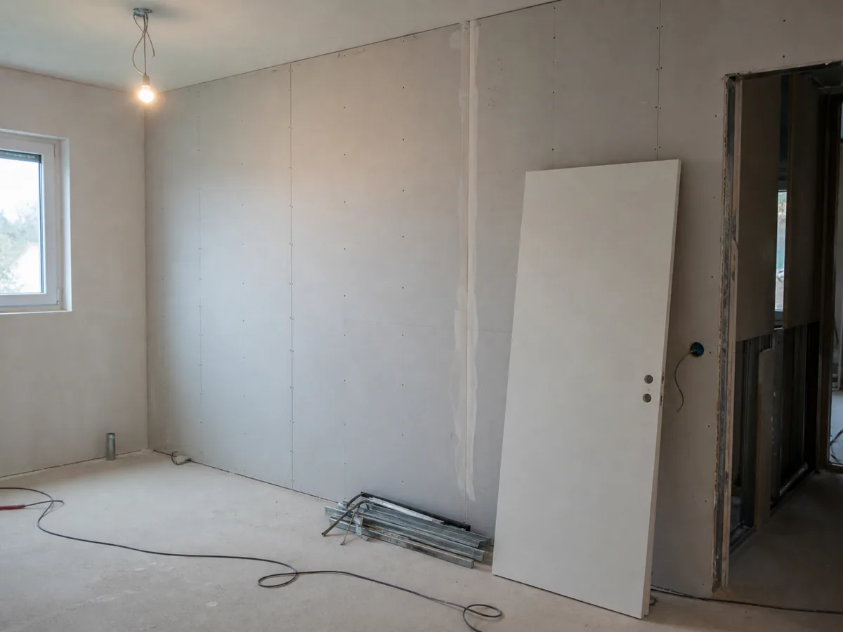 Trockenbauwand mit sichtbaren Schraubpunkten und verspachtelter Fuge