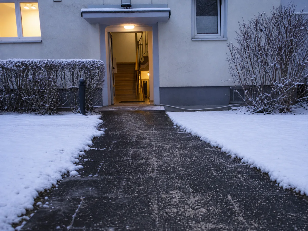 Geräumter und gestreuter Zugang zu einem Hauseingang nach Schneefall