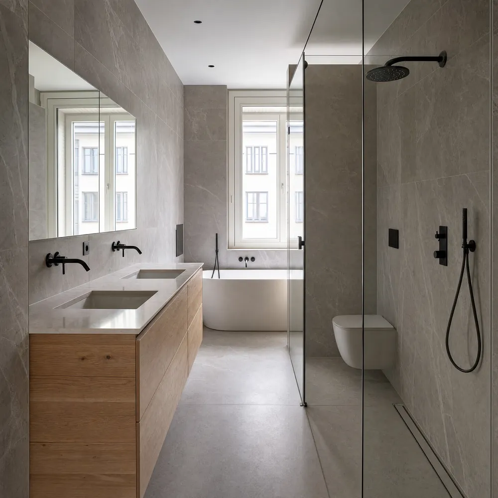 Bad mit raumhohen großformatigen Steinplatten, durchlaufender Maserung, bodengleicher Dusche mit Linienentwässerung und freistehender Wanne
